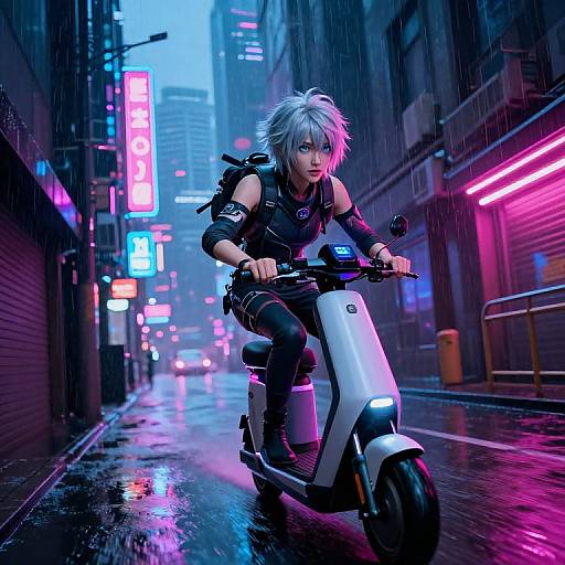 Neon-lit cyberpunk scene: Silver-haired woman with black leather outfit rides white scooter in rainy, glowing city street, vibrant neon signs in background