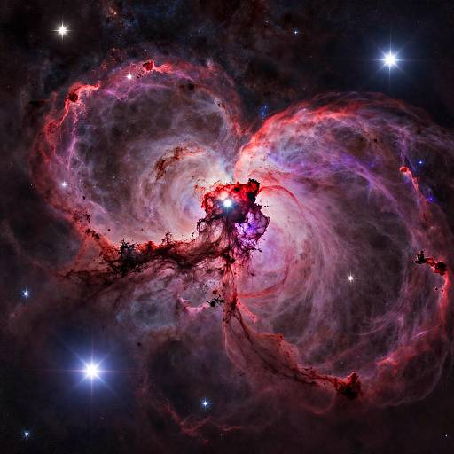 Photograph of vibrant, swirling nebula with red, pink, and purple clouds, surrounded by bright stars in a dark, starry space background.