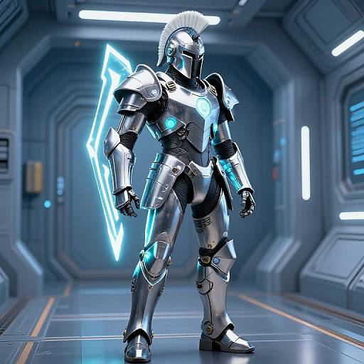 Digital CGI of a futuristic, silver armored warrior with glowing blue neon accents, standing in a sleek, metallic spaceship corridor.