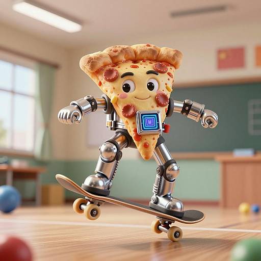 Anthropomorphic Pizza Slice Skateboarding in Gym