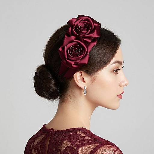 Photograph of an Asian woman with dark hair in an elegant bun, adorned with large red roses, wearing lace and earrings, profile view against a white
