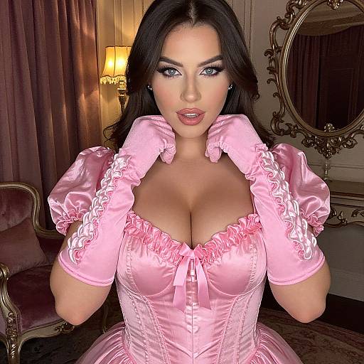 Photograph of a woman with dark hair, blue eyes, and full lips, wearing a pink, ruffled, corset-style dress and matching gloves