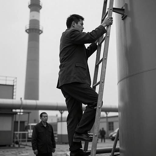 Mysterious Man Climbing Industrial Ladder