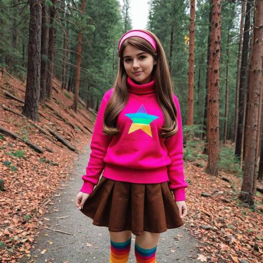 Young woman in colorful cosplay costume in forest