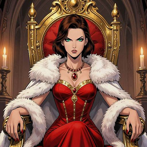 Digital art of a regal woman with green eyes, brown hair, wearing a red fur-trimmed gown and throne, candles lit behind.