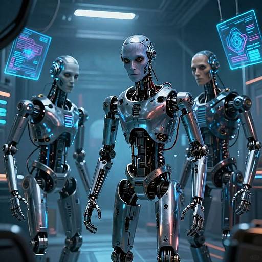 Photorealistic CGI of three futuristic, silver robotic humanoids with glowing blue screens and wires, standing in a neon-lit, metallic corridor.