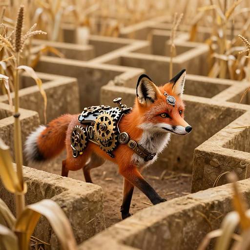 Photograph of a red fox with intricate black and gold armor, walking through a sunlit, beige cornfield maze.