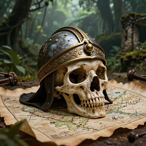 Photorealistic image of a weathered skull with ornate, metallic helmet resting on an ancient, detailed map in a dense, misty forest.