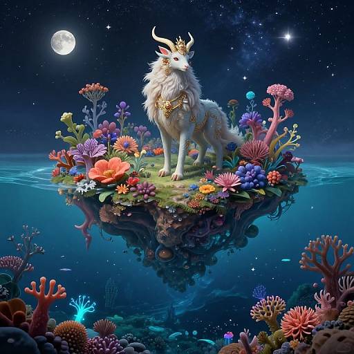 Digital fantasy artwork of a white, horned, golden-circled wolf standing on a vibrant, floating island of colorful coral and flowers, under a
