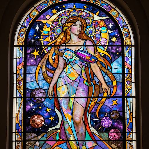 Vibrant stained glass window depicting a celestial, long-haired woman in a starry, cosmic background with planets, surrounded by colorful stars and patterns.
