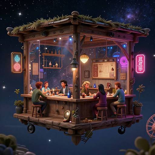 Digital illustration of a glowing, wooden, floating bar at night with neon signs, six people sitting and chatting, surrounded by stars.