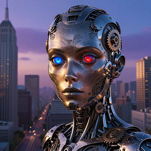 Photorealistic CGI of a humanoid robot with silver metallic skin, heterochromatic eyes (blue and red), intricate gearwork, and cityscape background