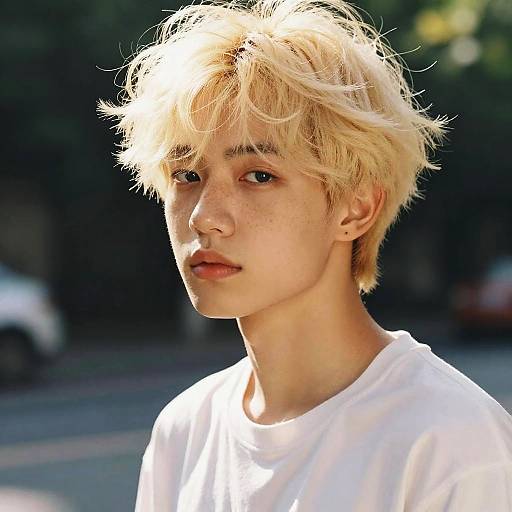 Photograph of a young, blonde, Asian male with freckles, wearing a white shirt, looking slightly to the left in bright sunlight.