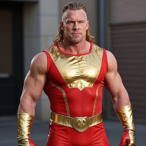 Photograph of a muscular man with long, blonde hair, wearing a red and gold superhero costume with gold gloves and belt.