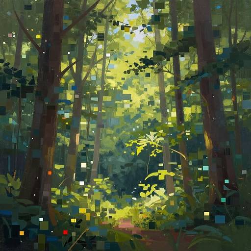 Digital painting of a sunlit forest, featuring tall trees, vibrant green foliage, and pixelated light effects, creating a magical, glowing atmosphere.