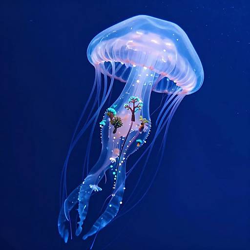 Photograph of a glowing blue jellyfish with translucent bell and trailing tentacles, adorned with miniature palm trees and sparkling lights, floating against a deep blue