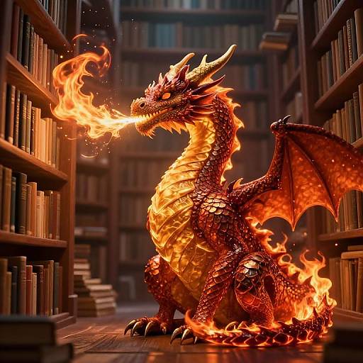 Serene Dragon Amidst Towering Bookshelves
