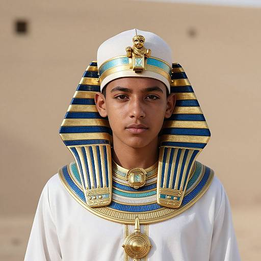 Photograph of a young man with medium brown skin wearing an Egyptian pharaoh-style white robe and headdress with blue and gold stripes, set against a