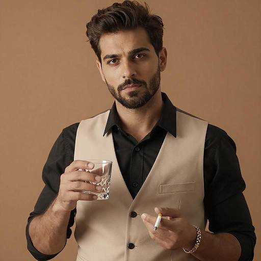 Man with Glass and Cigarette in Beige Vest