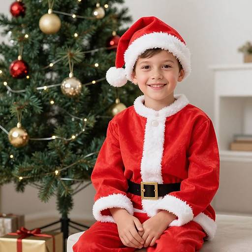 Boy in Santa Suit by Tree