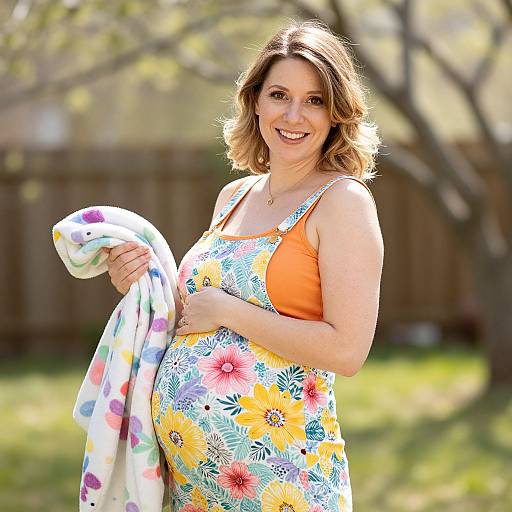 Photograph of a smiling pregnant woman with light brown hair, wearing a colorful floral dress over an orange top, holding a flower-patterned blanket, standing
