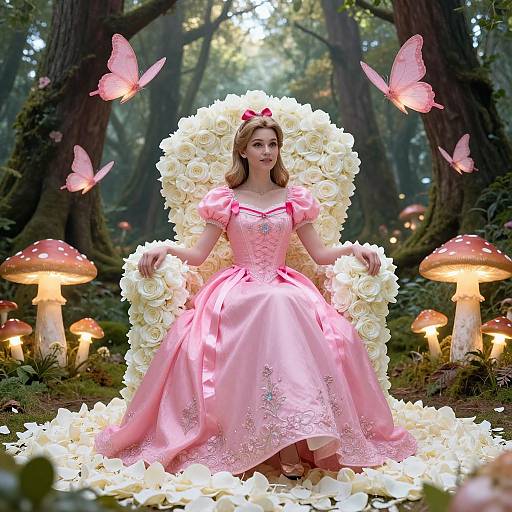 Digital art of a fairytale princess in a pink dress, surrounded by white roses, mushrooms, and pink butterflies in a forest.