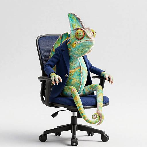 Photorealistic CGI of a colorful chameleon in a blue business suit, sitting confidently in an office chair against a white background.