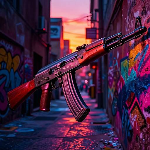 Photograph of a vividly colored, graffiti-covered alley at sunset, featuring a red and black assault rifle with a chrome barrel, mounted on a wall