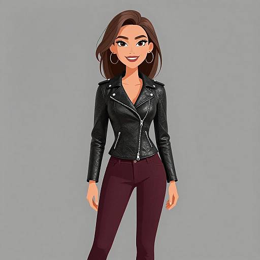 Digital illustration of a smiling woman with light skin, brown hair, wearing a black leather jacket, hoop earrings, and dark maroon pants, against a