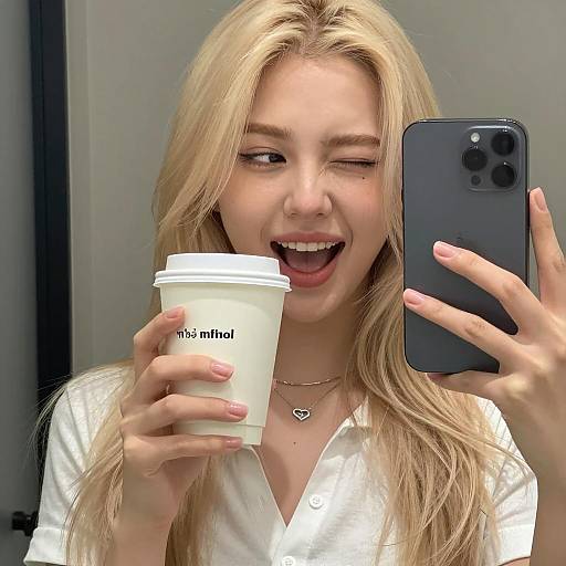 Blonde Woman Taking Coffee Selfie