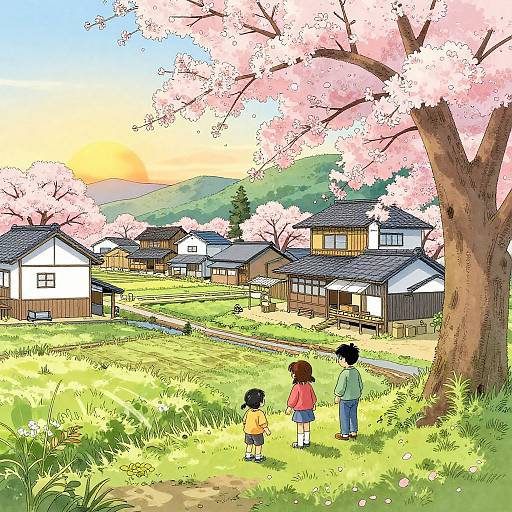 Peaceful Japanese Village Cartoon Scene