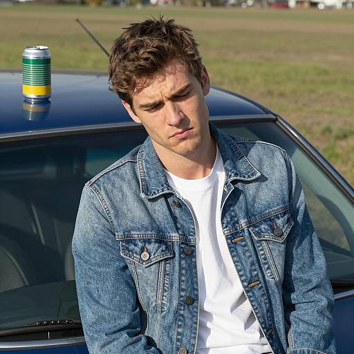 Man in Denim Jacket on Blue Car