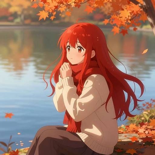 Anime-style digital artwork of a red-haired girl in a white sweater and red scarf, sitting by a serene autumn lake.