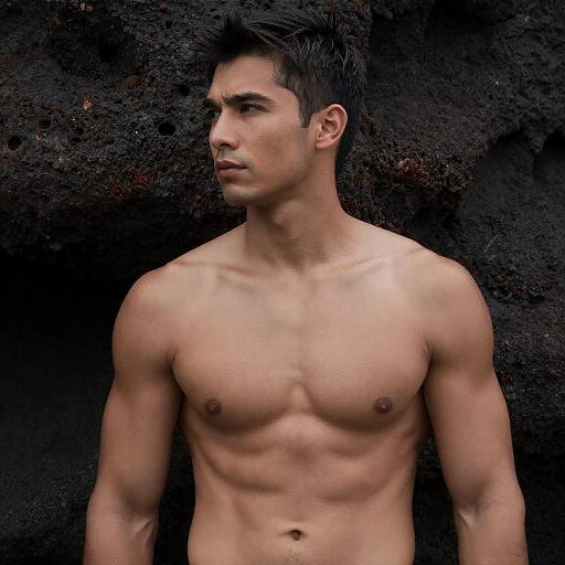Shirtless Muscular Man on Volcanic Rocks