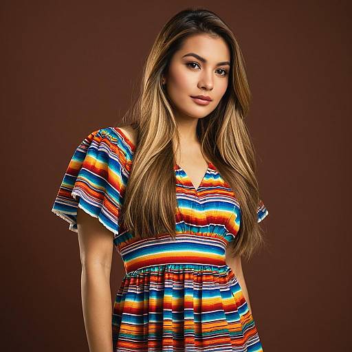 Woman in Multicolored Dress on Brown Background