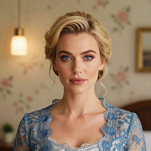 Photograph of a blonde woman with blue eyes, wearing a blue lace blouse, standing in a softly lit, floral wallpapered room.