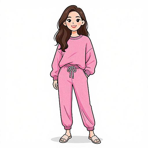 Digital illustration of a smiling woman with long brown hair, wearing a pink oversized sweater and matching pajama pants, with white slide sandals, standing against a