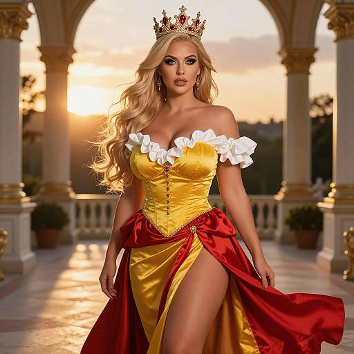 Photograph of a blonde woman with long wavy hair, wearing a yellow off-shoulder corset dress with red skirt, white ruffles,