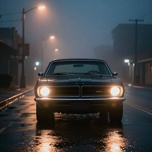 Photograph of a vintage black muscle car with bright headlights on a foggy, wet street at dusk, reflecting streetlights.