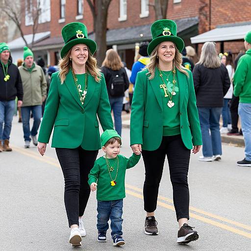 Photograph of a smiling mother and daughter in green St. Patrick's Day outfits, holding hands with a young son, walking down a busy street.
