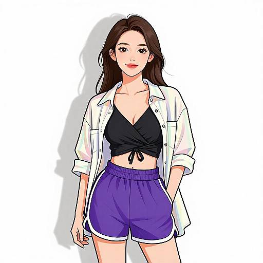 Digital anime-style drawing of a young woman with long brown hair, wearing a black tied crop top, white open shirt, and purple shorts, standing against