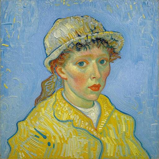 Vincent van Gogh-style digital painting of a young woman with red lips, yellow coat, white hat, and blue background.