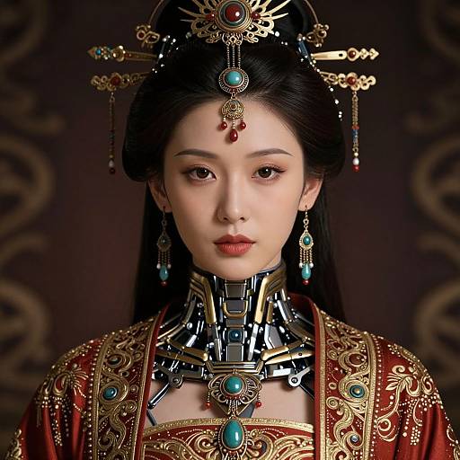 Digital portrait of an East Asian woman in elaborate, ornate traditional Chinese attire with metallic neckpiece, turquoise jewels, and intricate red and gold embroidery,