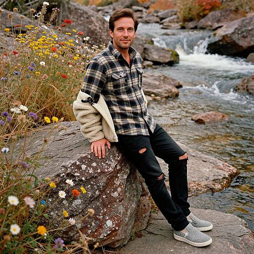 Photograph of a smiling man with short brown hair, wearing a plaid shirt, black ripped jeans, and white sneakers, leaning on a rock by