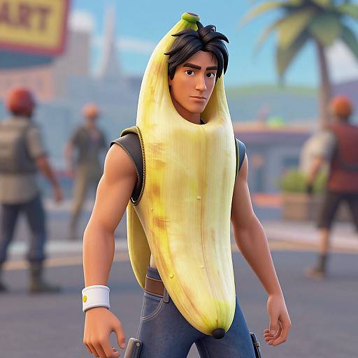 CGI image of a muscular, young man with tan skin wearing a yellow banana onesie, blue jeans, and a white wristband, standing on