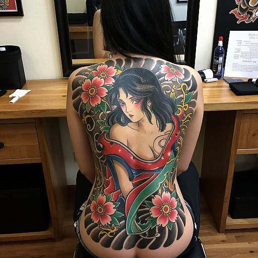 Photograph of a tattooed woman with black hair, featuring a colorful, detailed back tattoo of a red-haired woman with flowers and serpents,