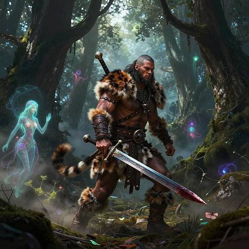 Digital fantasy artwork: Muscular warrior in fur armor and blooded sword, standing in misty forest, facing ethereal blue ghostly figure.