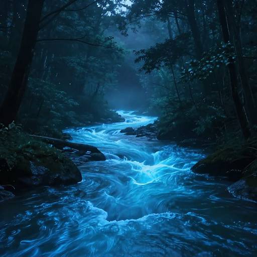 Photograph of a glowing, bioluminescent forest stream with vivid blue water flowing through dark, misty trees, creating a mystical, ethereal