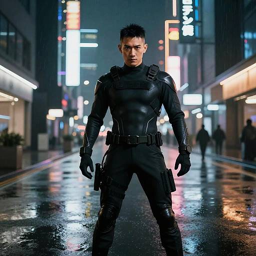 Photograph of a muscular, dark-haired man in black tactical gear, standing confidently in a neon-lit, rainy urban street at night.