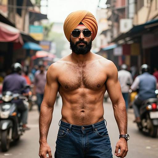 Photograph of a muscular, shirtless Indian man with a brown turban, black beard, sunglasses, and blue jeans, standing on a busy street